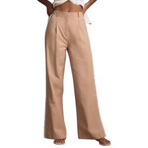 Mon Renn Lisle Tan Wide Leg Pleated Pants Crochet Trim Anthropologie Size S
